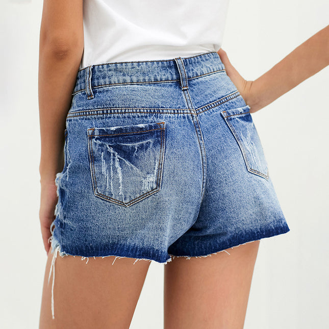 Wholesale Women's Frayed Raw Edge High Waist Slim Ripped Denim Shorts