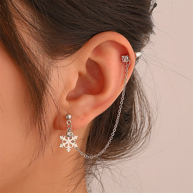 Rhinestone Snowflake Long Double Ear Chain Earrings