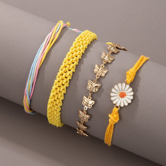 Gelbes Gänseblümchen geflochtenes Armband-Set Schmetterling Verstellbares vierteiliges Set