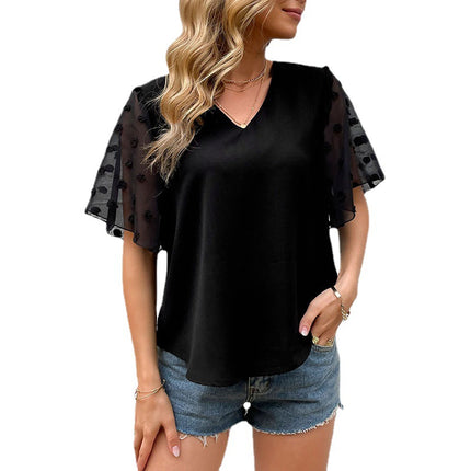 Sommer-Damen-Schwarz-Kurzarm-Netzhemd mit V-Ausschnitt