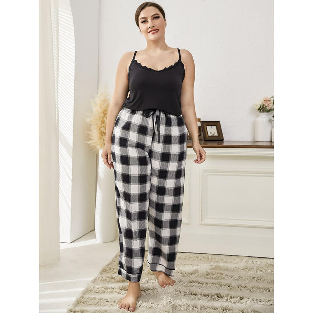 Großhandel Pyjamas Plus Size Plaid Spitzenbesatz Hosenträger Damen Homewear Set