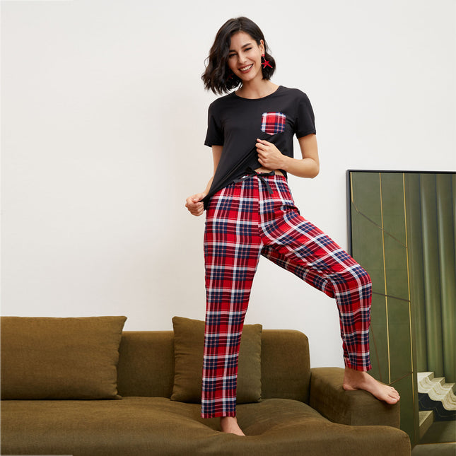 Ladies Pajama Set Short Sleeve Stitching Plaid Trousers Homewear