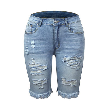Wholesale Women's Tassel Stretch Mid Rise Cropped Ripped Jeans