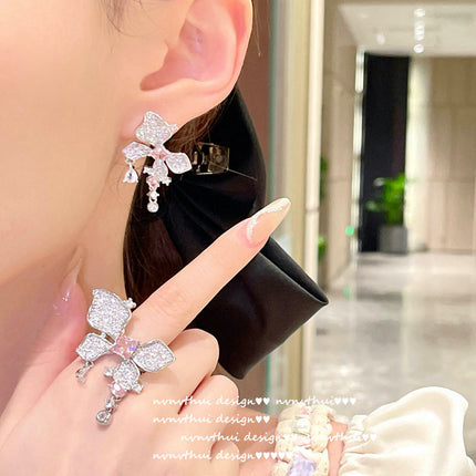 Butterfly Earrings Plated 18K Gold Morgan Pink Zircon Butterfly Ring