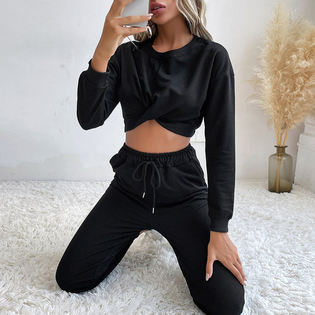 Fall Women's Short Knotted Casual Hoodies Jogger Two-piece Set