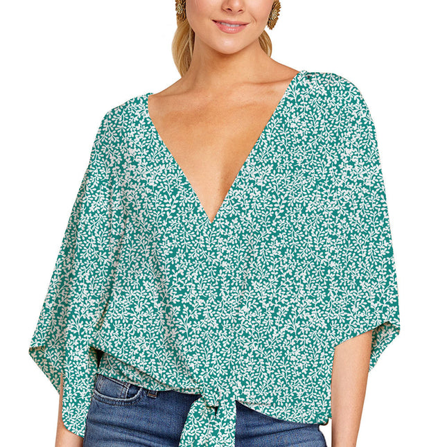 Wholesale Women's Floral Shirt Spring/Summer V-Neck Short Sleeve Knotted Print Top