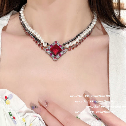 Red Rhombus Pearl Necklace 18K Gold Plated Antique Zircon