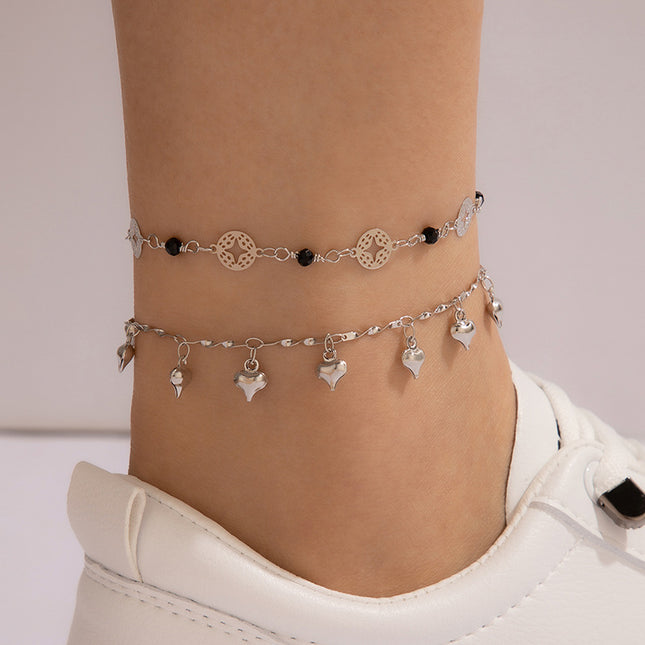 Love Chain Double Anklet Beaded Geometric Hollow Multilayer Anklet