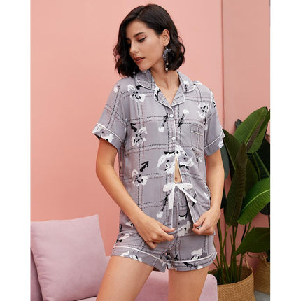 Damen Loungewear Cardigan Revers Kurzarm Shorts Pyjama