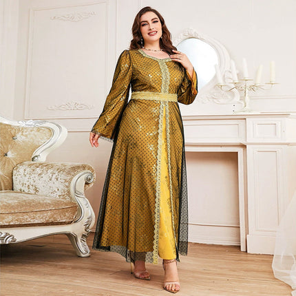 Wholesale Middle Eastern Muslim Women's Plus Size Mesh A-Line Long Dress