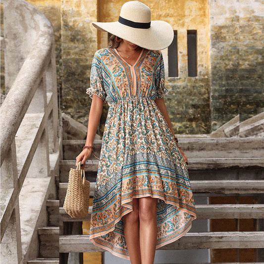 Wholesale Women's Summer Ethnic Print Irregular Holiday Bohemian Dress