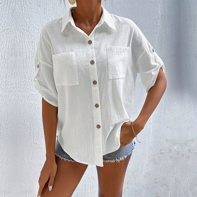 Wholesale Ladies Summer Button Cardigan Short Sleeve Pocket Lapel Shirt