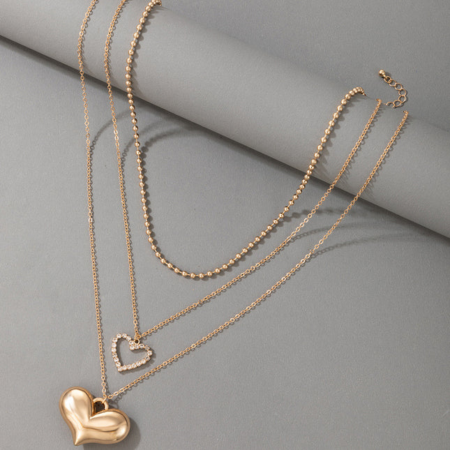 Heart Diamond Necklace Set Geometric Peach Heart Alloy Round Bead Three Layer Necklace