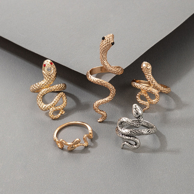 Set of 5 Gold and Silver Snake Rings