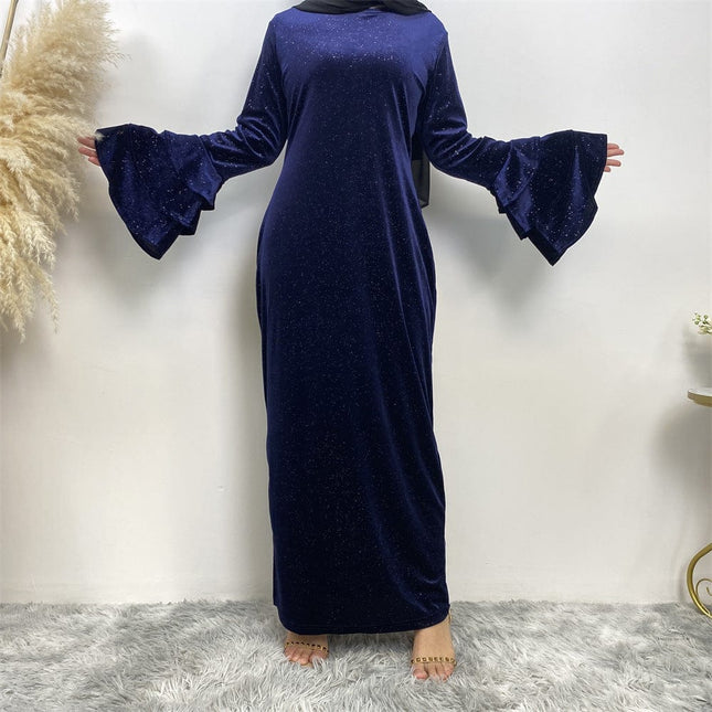 Thick Pleuche Trumpet Sleeve Solid Color Shiny Dress Abaya