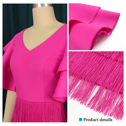 Wholesale V-Neck Ruffle Sleeves High Waist Tassel Women's Dress