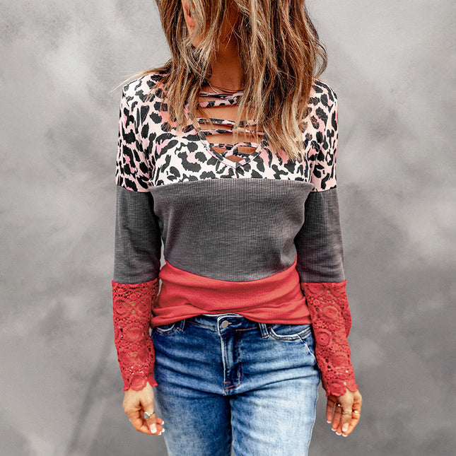 Camiseta casual de encaje en contraste con estampado de leopardo para mujer