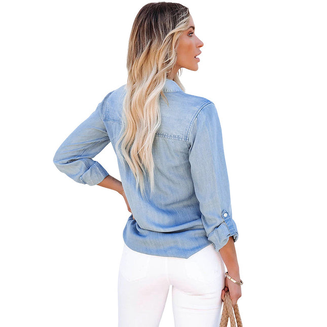 Wholesale Women's Summer Casual Washed Blue Denim Top