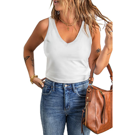 Wholesale Women's Solid Color V Neck Pocket Vest Top