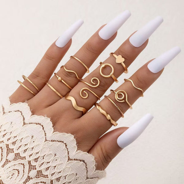Wave Ring Love Glossy Gold Knuckle Ring Set of Thirteen