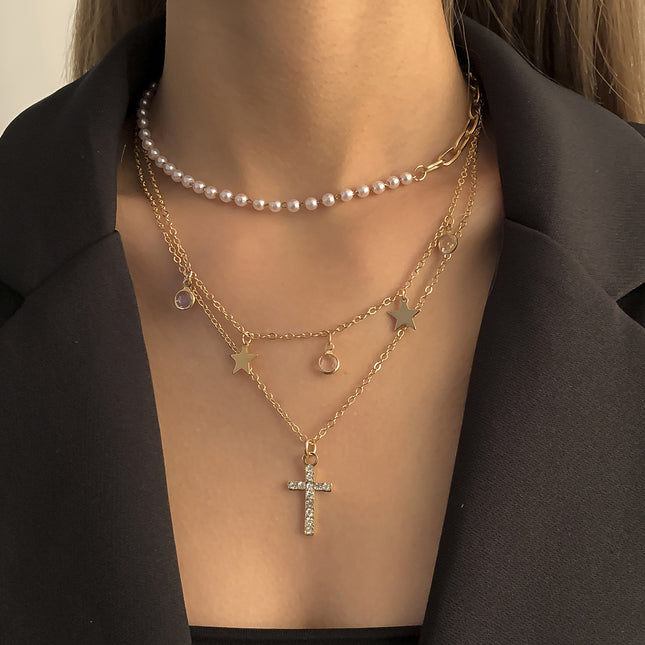 Wholesale Star Rhinestone Cross Pearl Necklace