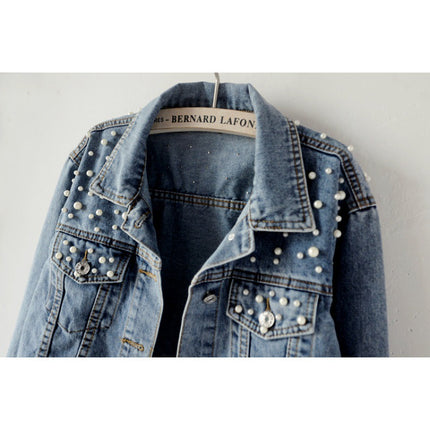 Wholesale Women's Spring Autumn Cropped Studded Pearl Denim Jacket