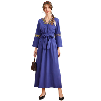 Wholesale Women's V Neck Long Sleeves Lace Up Swing Embroidered Long Dress