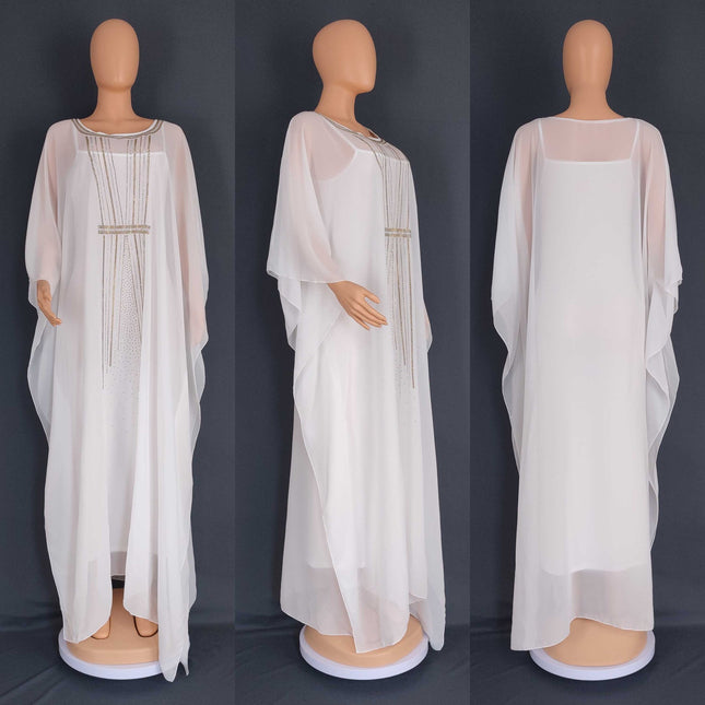 Wholesale African Muslim Women's Ironing Rhinestone Chiffon Robe Dress Two Piece Set