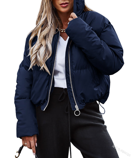 Wholesale Ladies Zipper Long Sleeve Stand Collar Padding Short Jacket