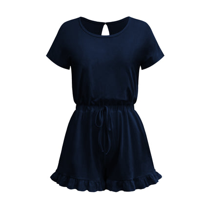 Wholesale Women's Summer Solid Color Short Sleeve Button Drawstring Jumpsuit