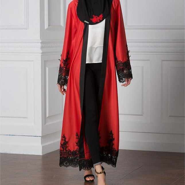 Ladies Muslim Lace Stitching Loose Cardigan Long Sleeve Robe