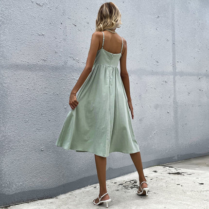 Wholesale Women's Summer Button Cotton Linen Sleeveless Strape Dress