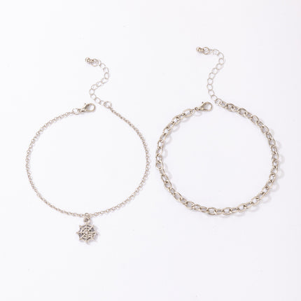 Silver Buckle Chain Spiderweb Geometric Mesh Anklet Set of Two