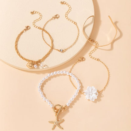 White Flower Heart Starfish Pendant Pearl Bracelet Set of 5