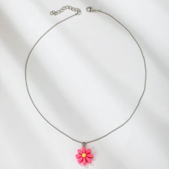 Wholesale Geometric Floral Pink Resin Flowers Single Layer Necklace