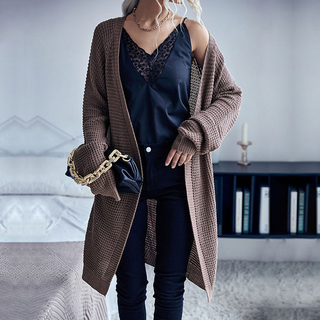 Suéter cárdigan de longitud media de color liso para mujer de otoño invierno