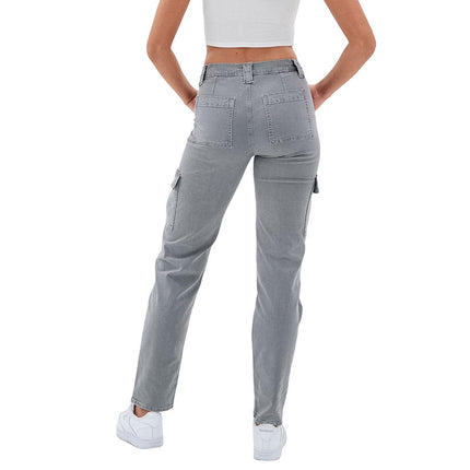 Wholesale Women's Multi-Pockets High Waist Washed Button Straight Leg Jeans