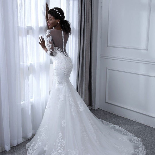 Vestido de novia de manga larga con cola de sirena de boda a la moda