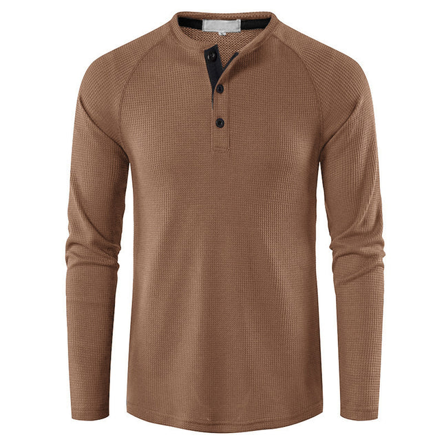 Einfarbiges, langärmliges Herren-T-Shirt mit halboffenem Kragen für Herbst und Winter