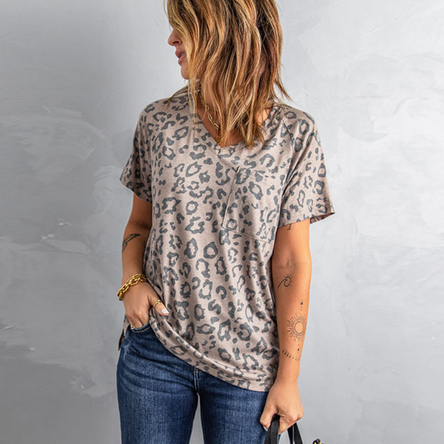 Sommermode Pullover Leopardenmuster V-Ausschnitt T-Shirt Top
