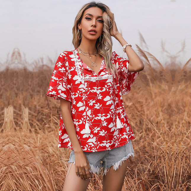 Wholesale Ladies Summer Red Print Short Sleeve Lace V Neck Shirt