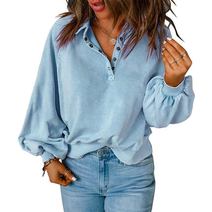 Blau gemusterter Pullover-Hoodie mit langen Ärmeln für Damen