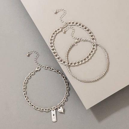 Silver Buckle Chain Heart Geometric Anklet Set of 3
