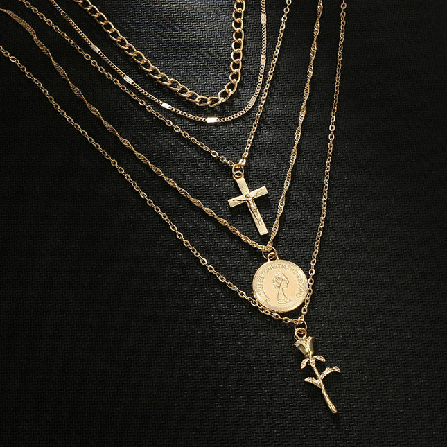 Character Pattern Cross Alloy Rose Necklace Star Moon Snowflake Multilayer Necklace