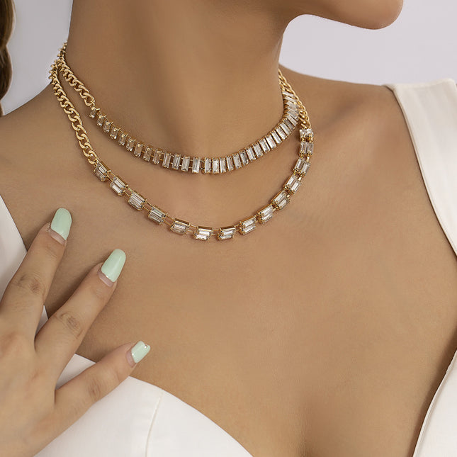 Collar de doble capa de diamantes de imitación Collar de circón cuadrado simple