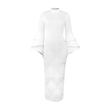 Wholesale Women's Stand Collar Bell Sleeve Lace Panel Dress