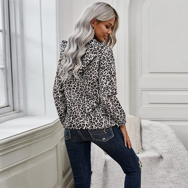 Women's Leopard Print Stitching Hooded Casual Top