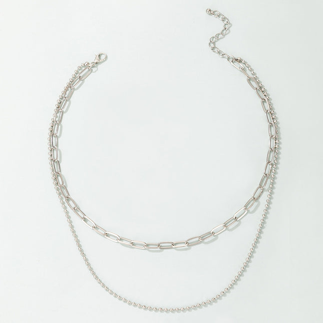 Wholesale Fashion Geometric Silver Beaded Chain Double Layer Necklace