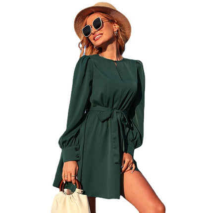 Wholesale Ladies Summer Solid Color Round Neck Long Sleeve Short Dress