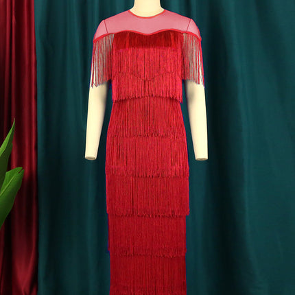 Wholesale Large Size Women's Perspective Mesh Stitching Tassel Dress